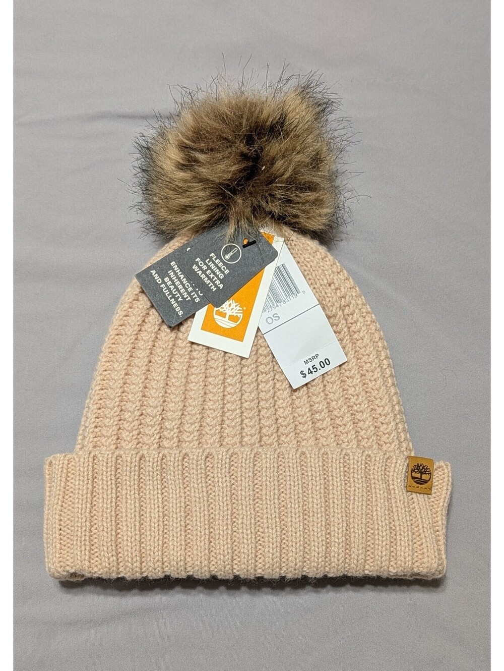 NWT Timberland Women's Cable Knit Faux Fur Pom Beanie Hat Blush Peach
